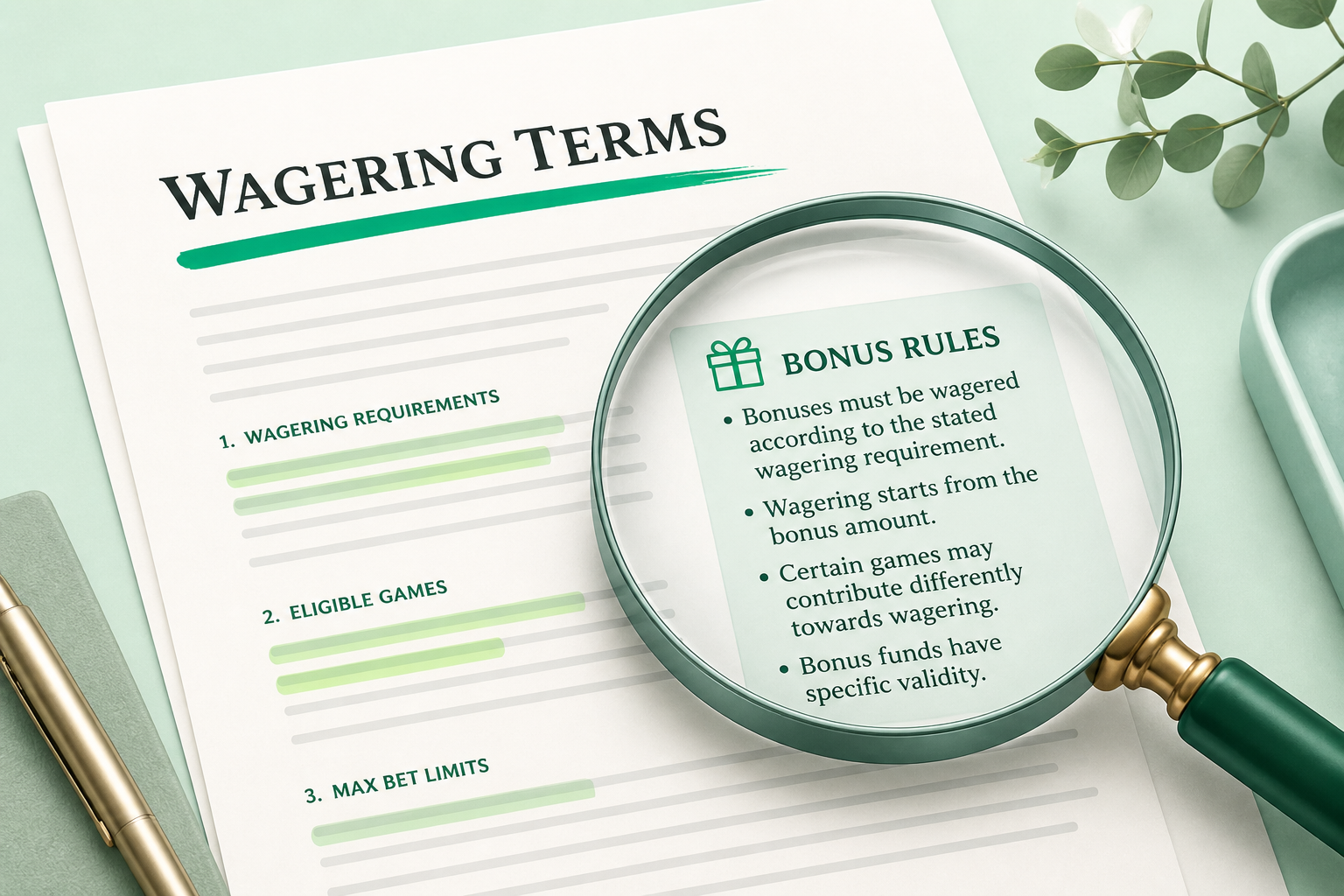 Document and magnifying glass illustration for bonus terms