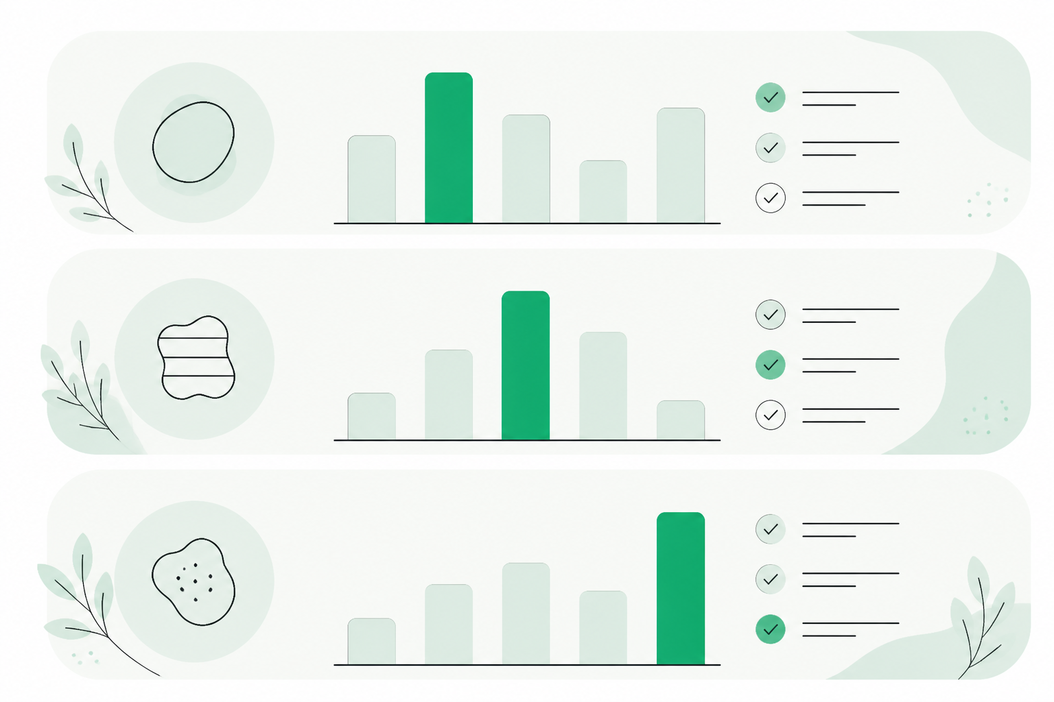 Abstract comparison panels with bars and tick marks