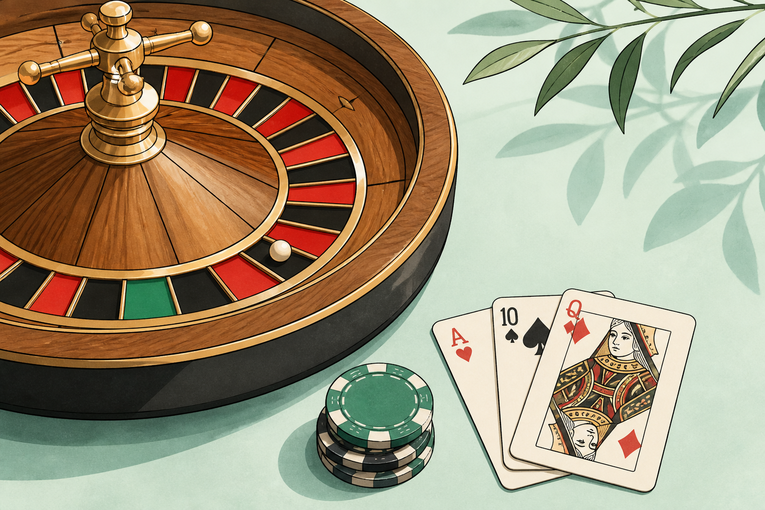 Roulette wheel and cards still-life illustration
